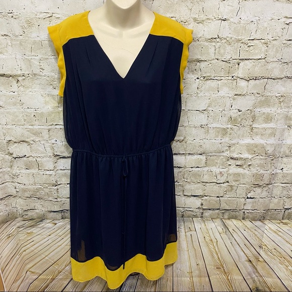 Enfocus Studio Dresses & Skirts - NEW Enfocus Blue Mustard Yellow Split Neck Stretch Waist Dress